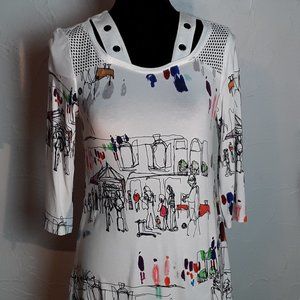 ZOE Women's top with Fun People in Park Theme: NEW Size X-Small Tall